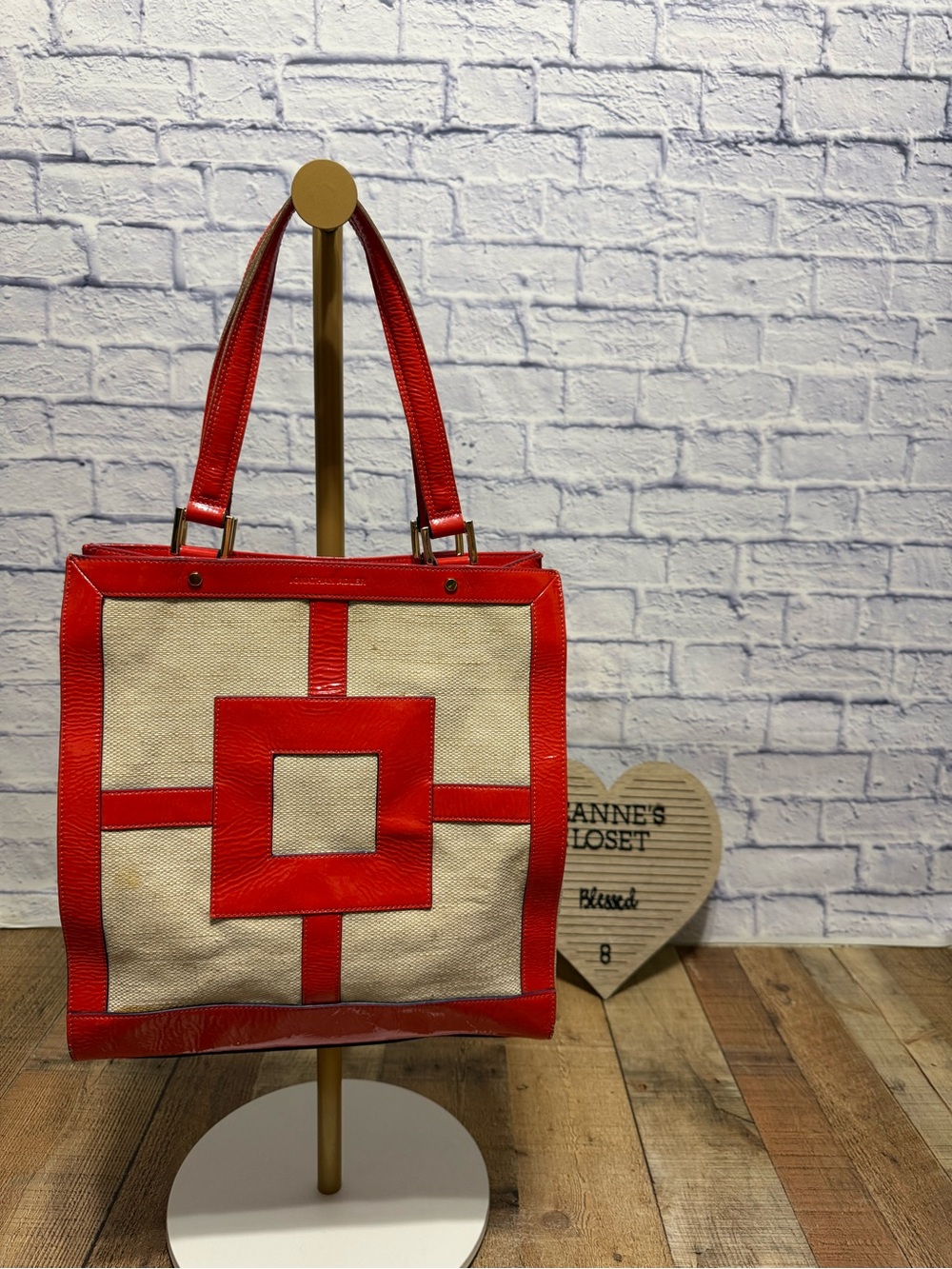 Jonathan Adler Red Patent Leather Trim Linen Cotton Canvas Geometric Tote Bag